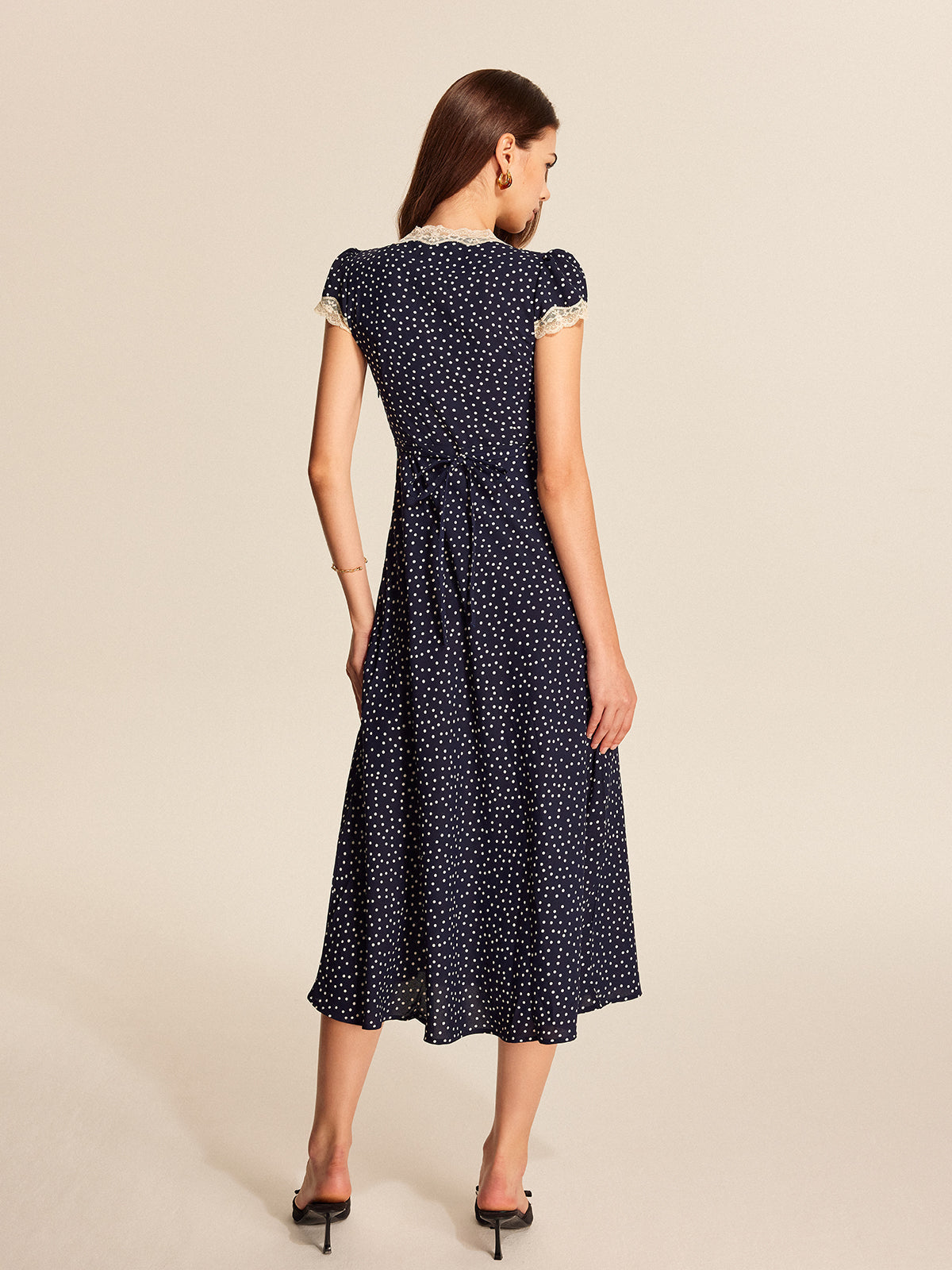 Women's V-Neck Midi Dress Polka Dot Lace Cap Sleeve