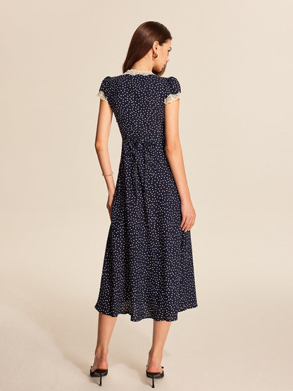 Women's V-Neck Midi Dress Polka Dot Lace Cap Sleeve