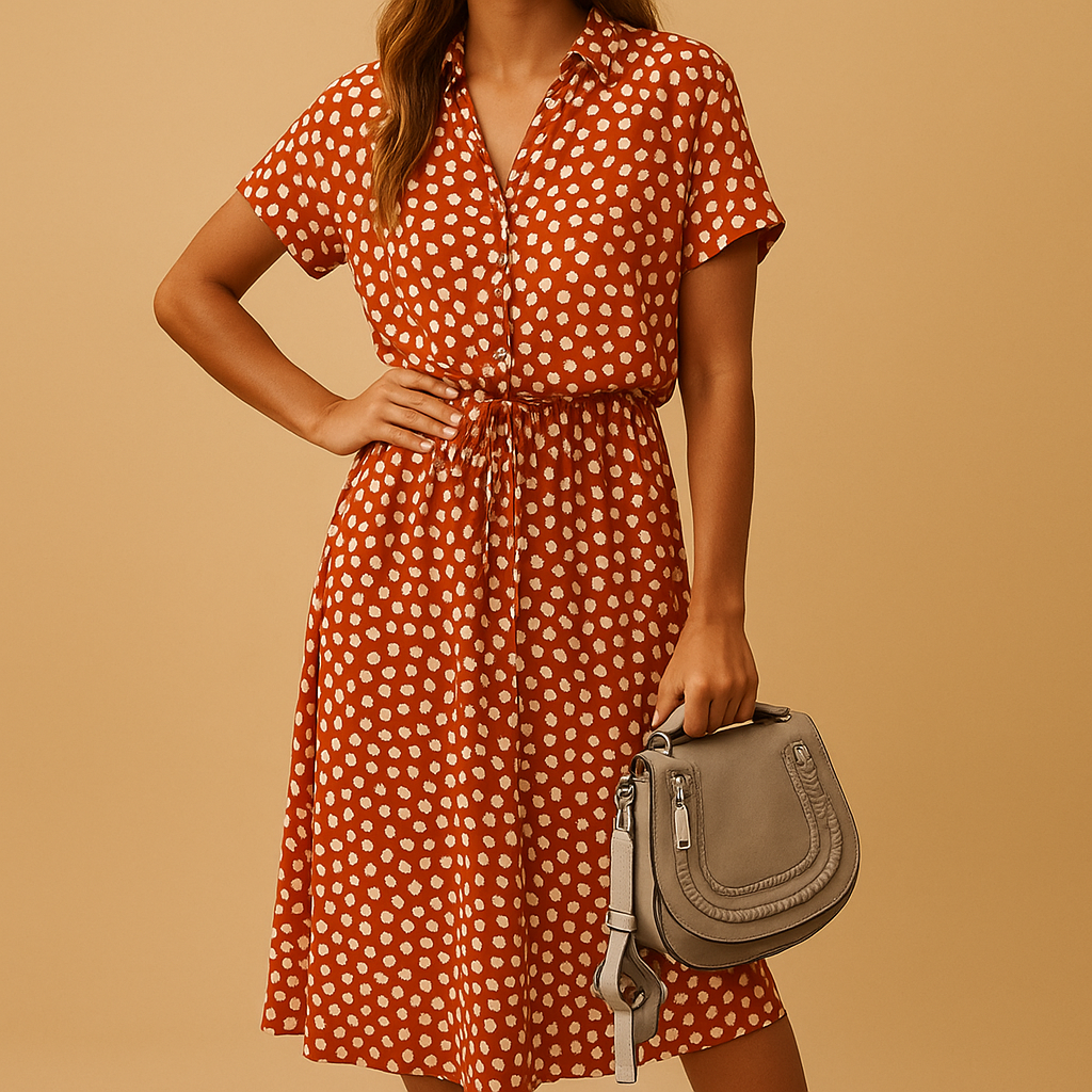 Women’s polka dot midi dress with flattering fit and classic pattern, perfect for everyday wear, casual outings, and special occasions.