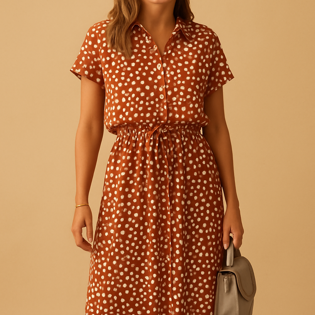 Women’s polka dot midi dress with flattering fit and classic pattern, perfect for everyday wear, casual outings, and special occasions.