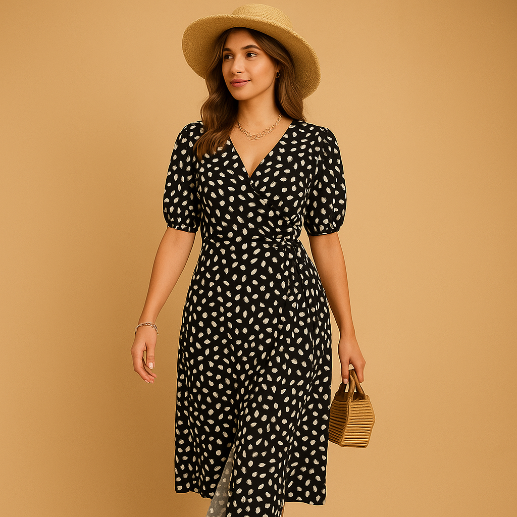 Polka dot summer dress with crossed V-neck and side split for women, ideal for beach days, garden parties, and casual summer outings.