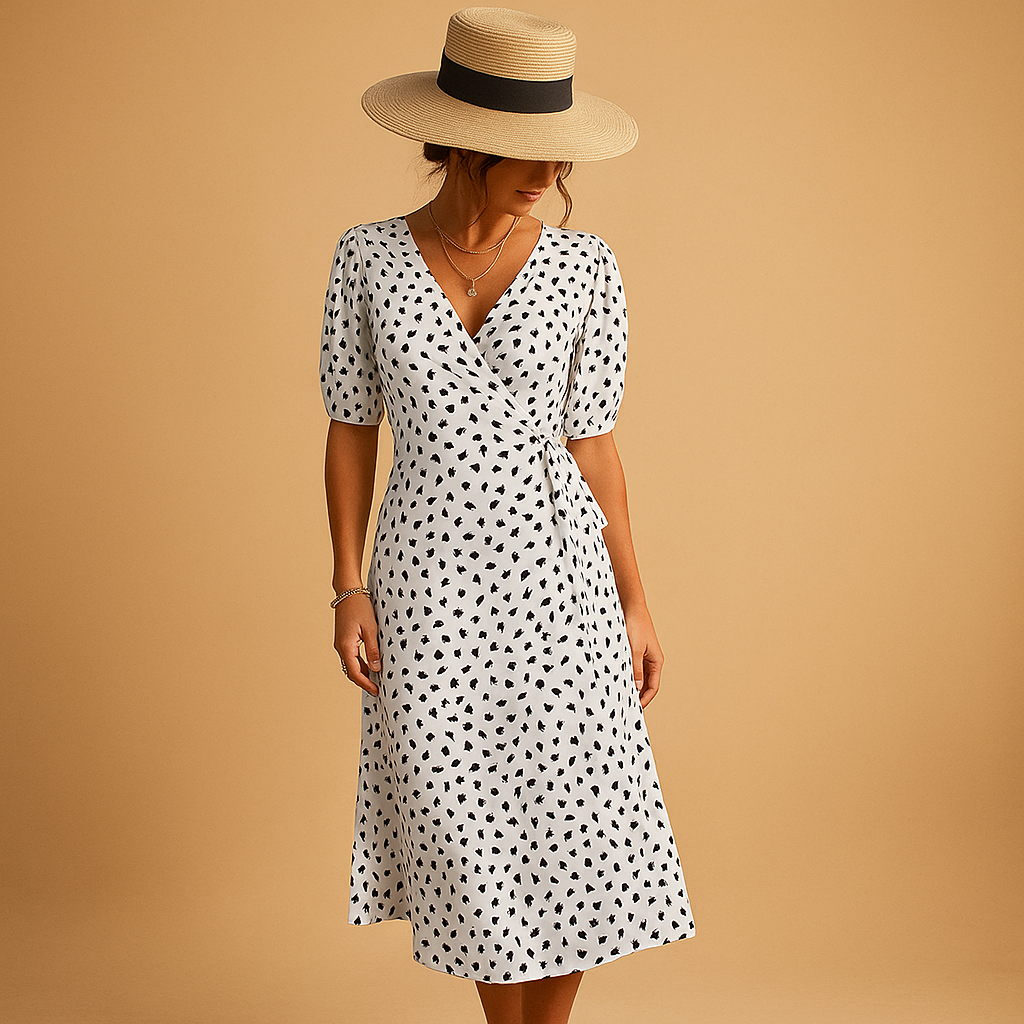 Polka dot summer dress for women with cross V-neck and side slit, perfect for beach outings, garden parties, and casual summer days.
