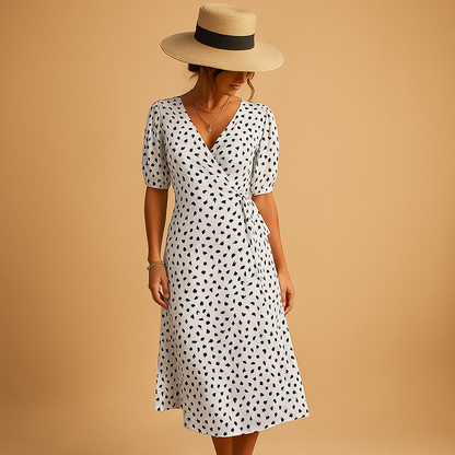 Polka dot summer dress for women with cross V-neck and side slit, perfect for beach outings, garden parties, and casual summer days.