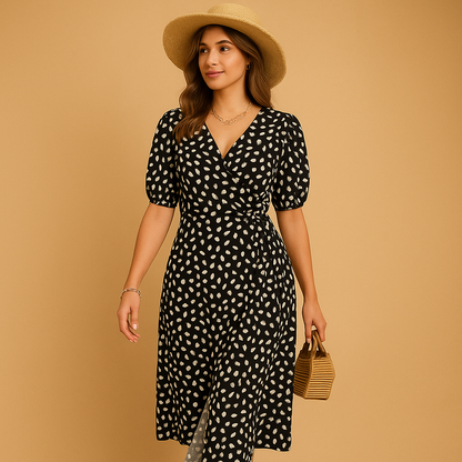 Polka dot summer dress for women with cross V-neck and side slit, perfect for beach outings, garden parties, and casual summer days.
