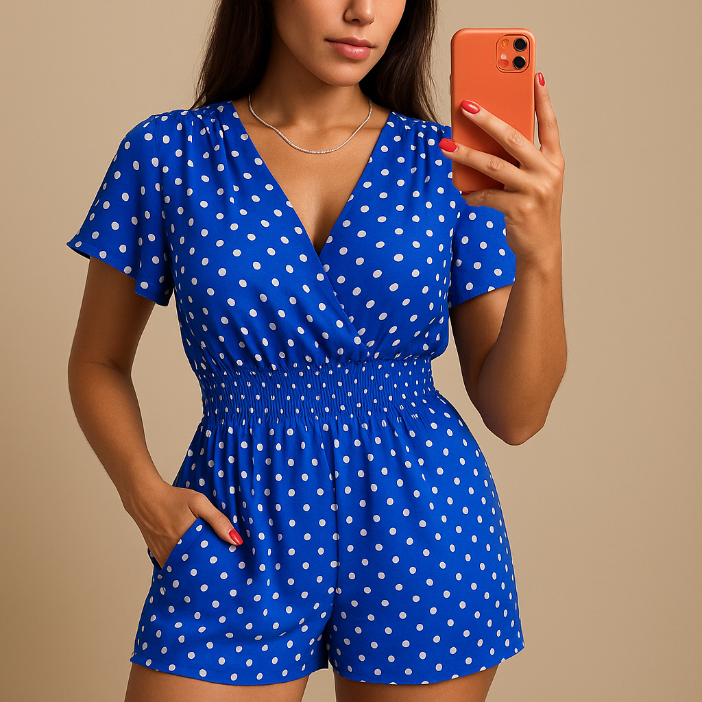Woman wearing a polkadot summer jumpsuit with practical pockets and a flattering breathable design, ideal for warm casual days.