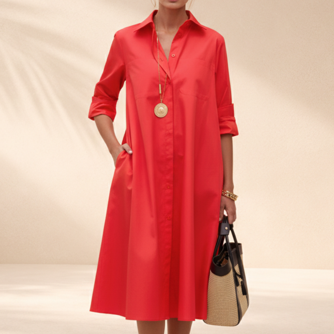 Women's A-Line Midi Dress Collared Cotton - VibreMode