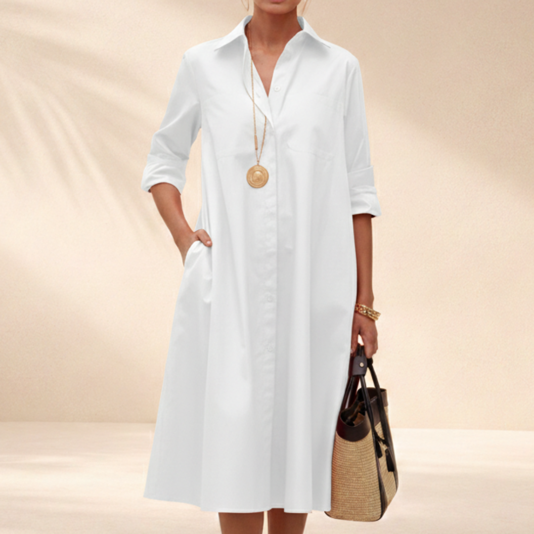 Image of Polly | Women's Collared A-Line Midi Shirt Dress