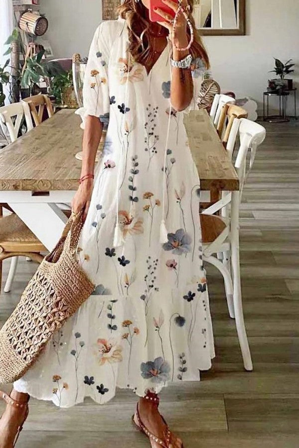 Bohemian Floral V-Neck Maxi Dress for Women - VibreMode