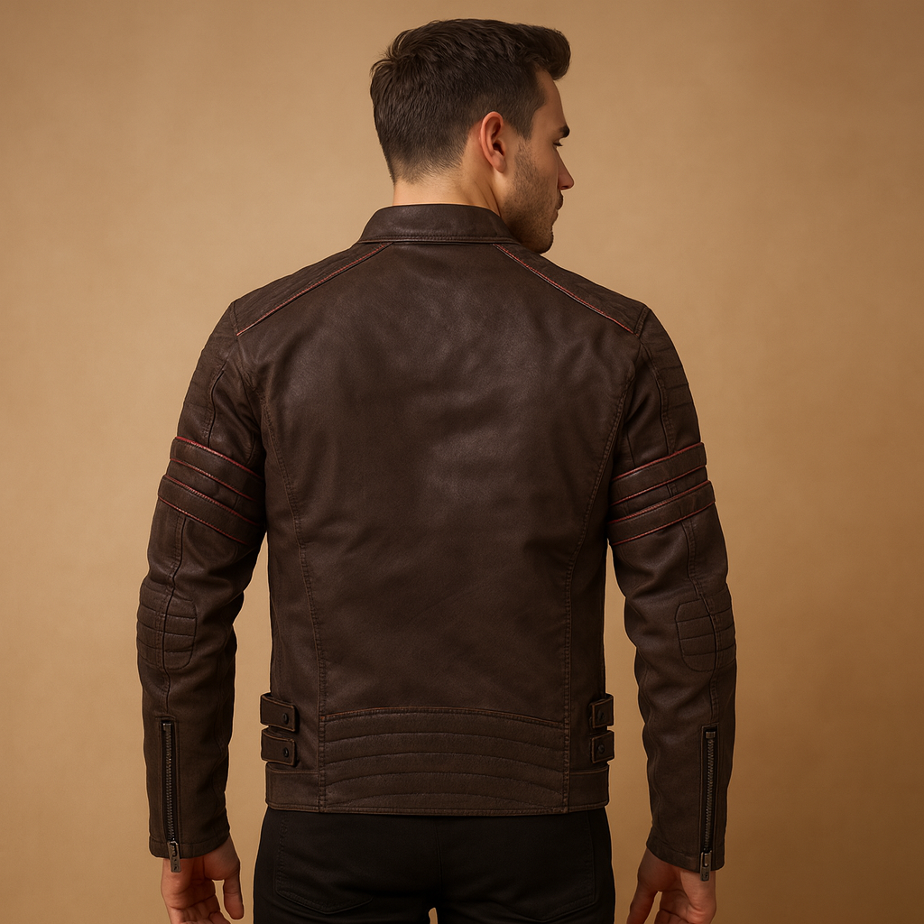 Men’s premium biker jacket with structured fit and weather-resistant finish, suitable for motorcycle rides, casual evenings, and everyday wear.
