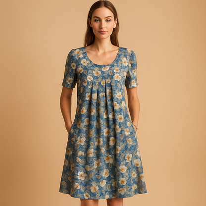 Printed cotton midi dress for women with playful summer patterns and comfortable fit, ideal for vacations, casual outings, and warm sunny days.
