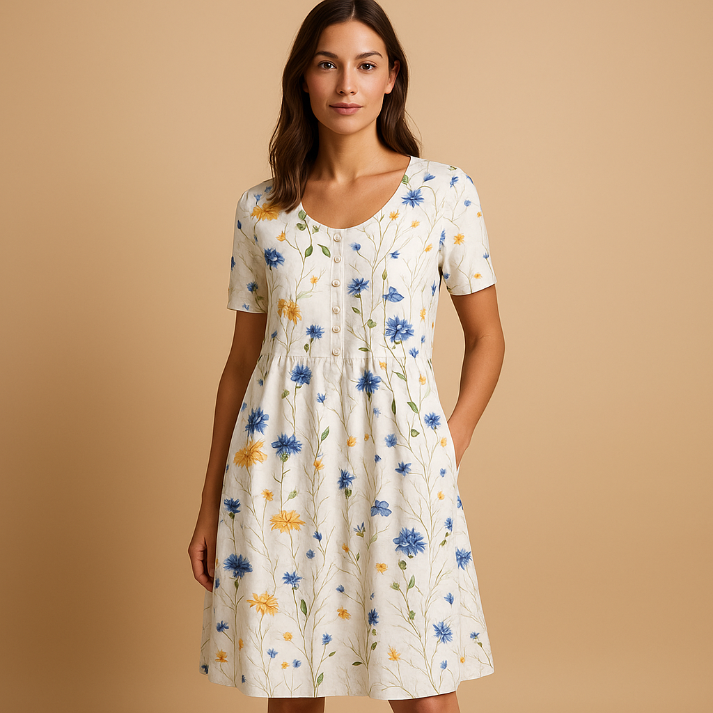 Printed cotton midi dress for women with playful summer patterns and comfortable fit, ideal for vacations, casual outings, and warm sunny days.