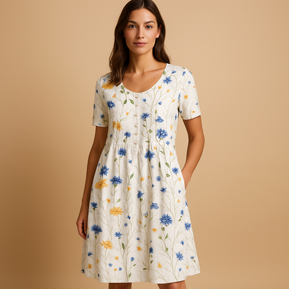 Printed cotton midi dress for women with playful summer patterns and comfortable fit, ideal for vacations, casual outings, and warm sunny days.