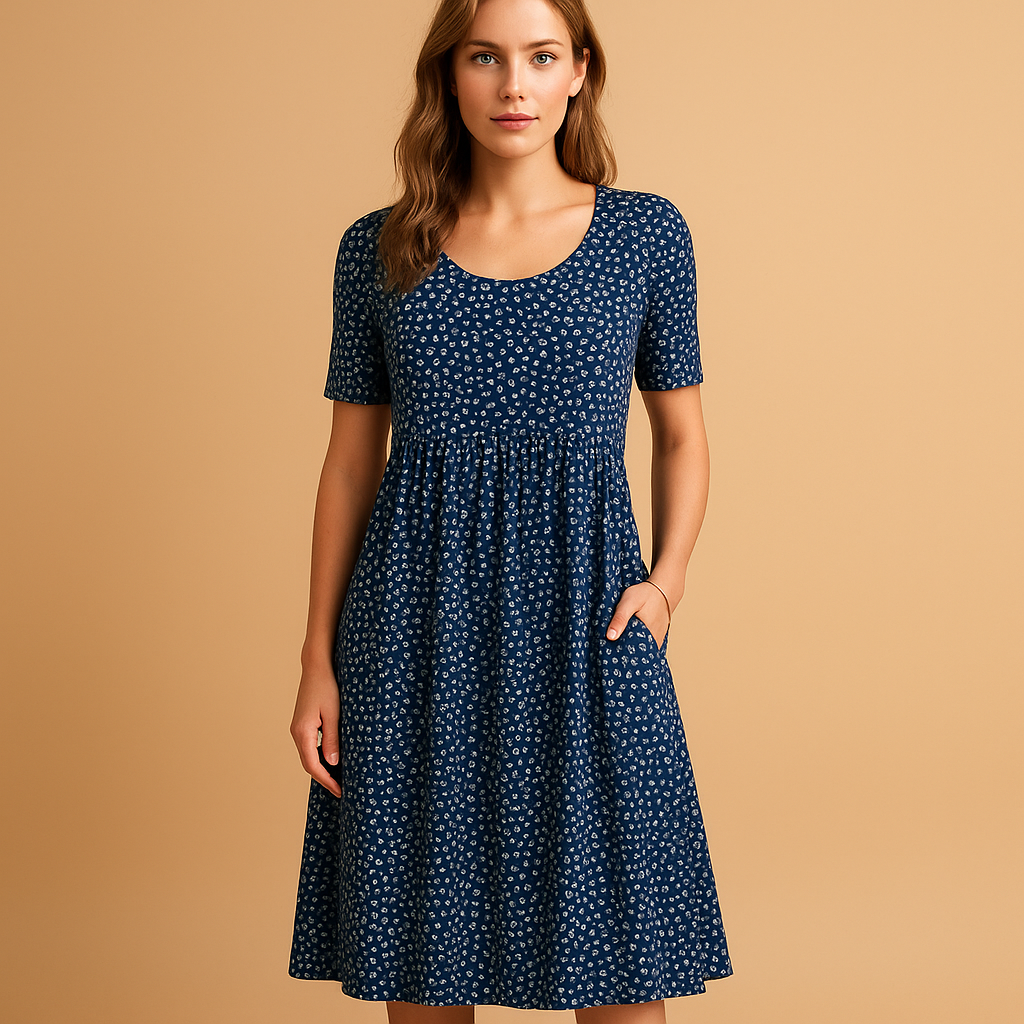Printed cotton midi dress for women with playful summer patterns and comfortable fit, ideal for vacations, casual outings, and warm sunny days.