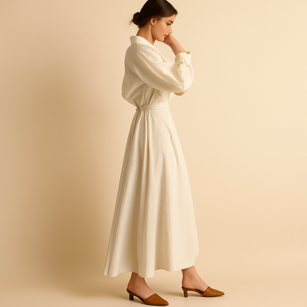 Printed maxi dress for women with long sleeves and V-neck, featuring a flowing silhouette and bold pattern for stylish everyday or formal wear.