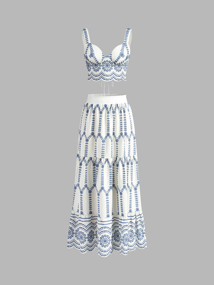 Women's Embroidered Crop And Maxi Skirt Set - VibreMode