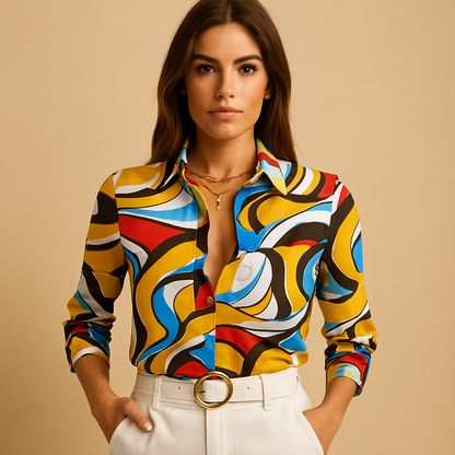 Printed wrap neck blouse for women with a loose fit and bold pattern, suitable for work outfits, casual wear, and evening looks.