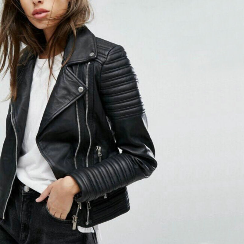 Women's Leather Biker Jacket Durable Black