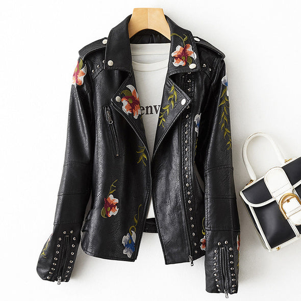 Women's Leather Jacket Embroidered With Studs Black