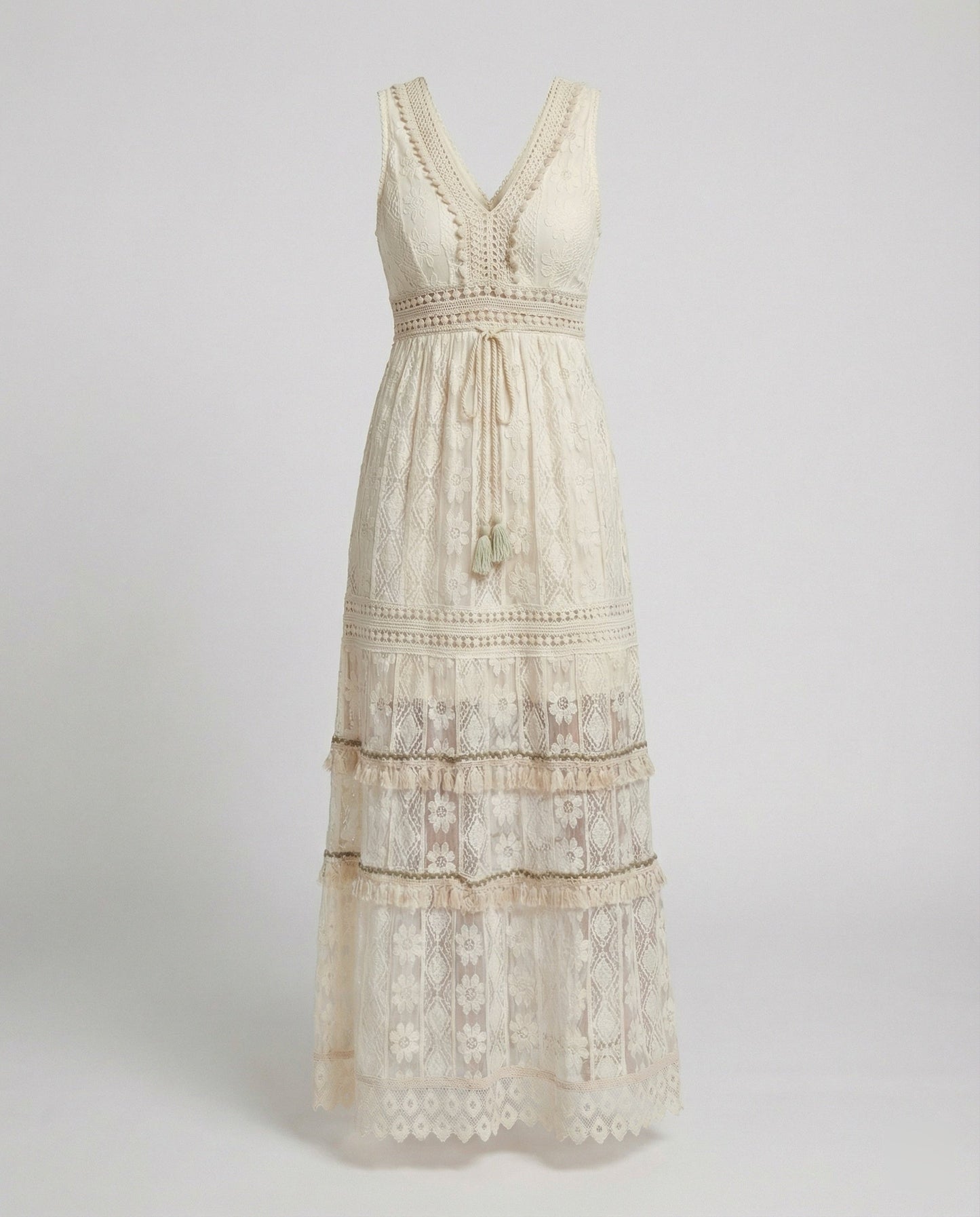 Women's Lace Maxi Dress Tiered Tassel Waist