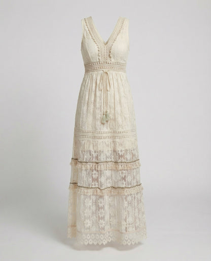 Women's Lace Maxi Dress Tiered Tassel Waist