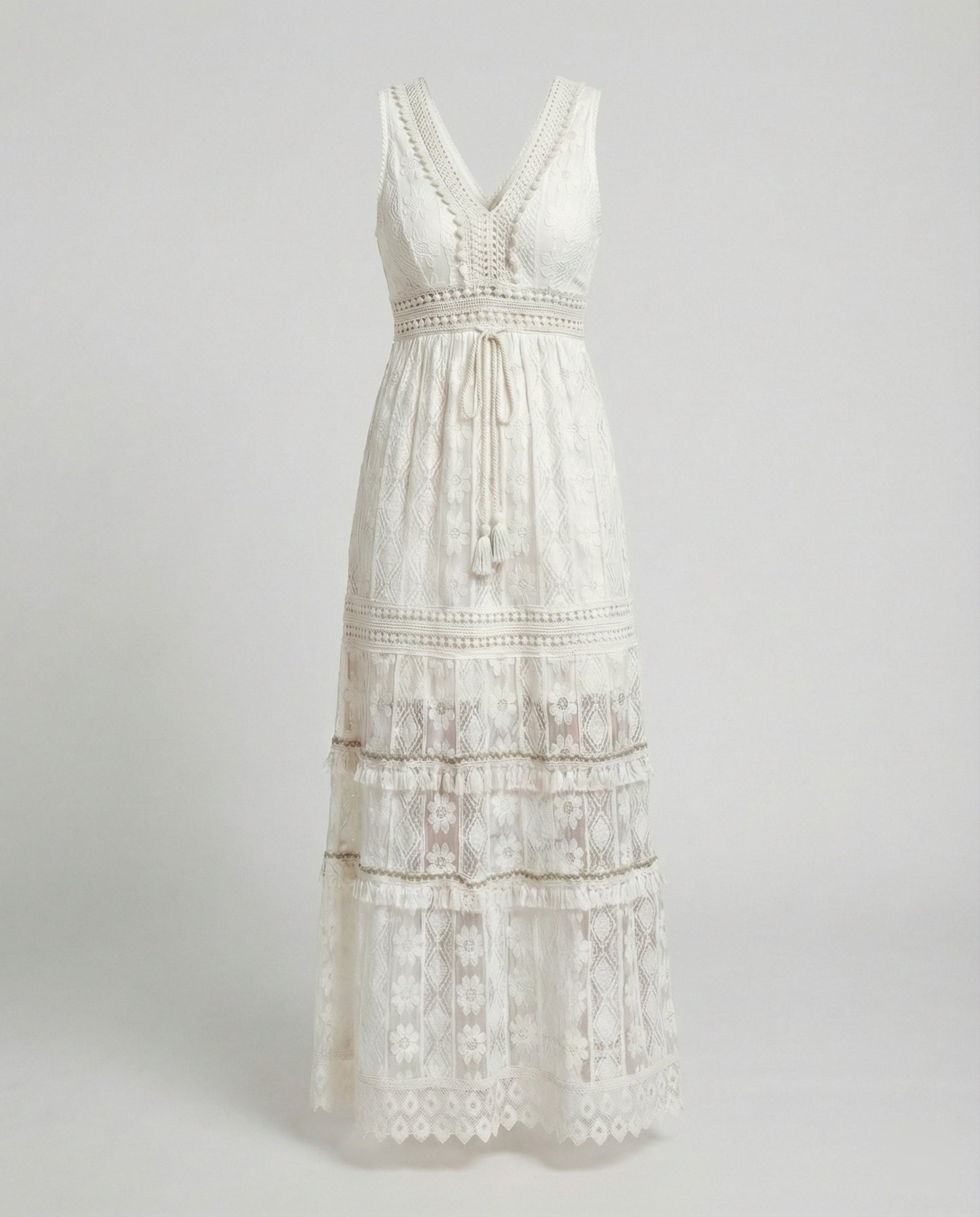 Women's Lace Maxi Dress Tiered Tassel Waist