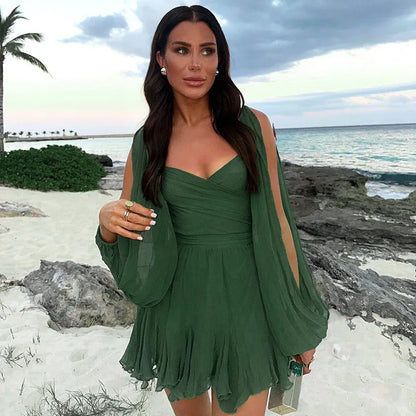 Women's Sweetheart Mini Dress Ruffle Hem Split Sleeves