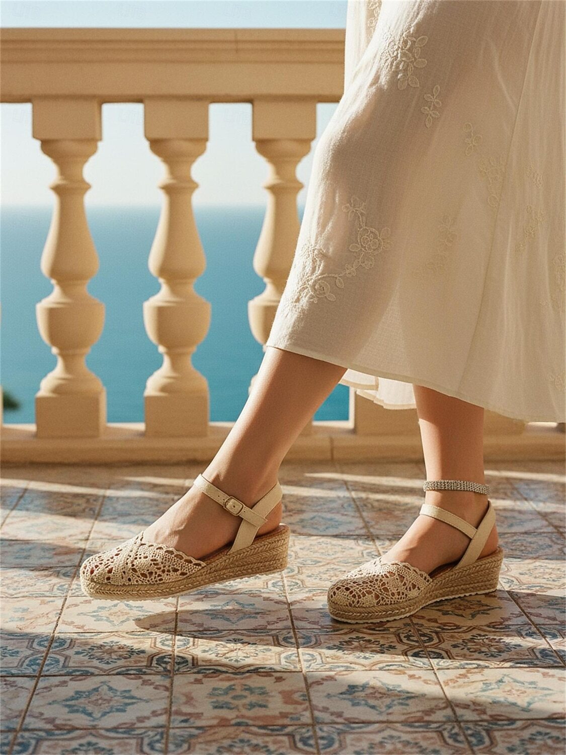 Womens Espadrille Wedge Sandals Crochet Adjustable Ankle Strap - VibreMode