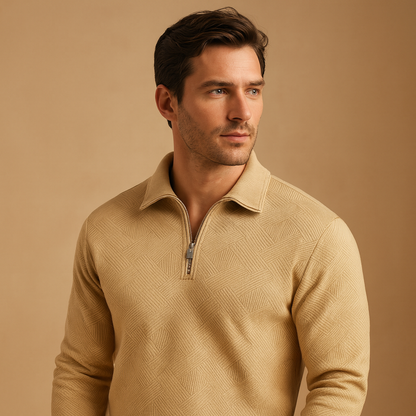Quarter zip polo sweater for men with a geometric pattern and comfortable fit, ideal for casual and polished looks in autumn and winter.