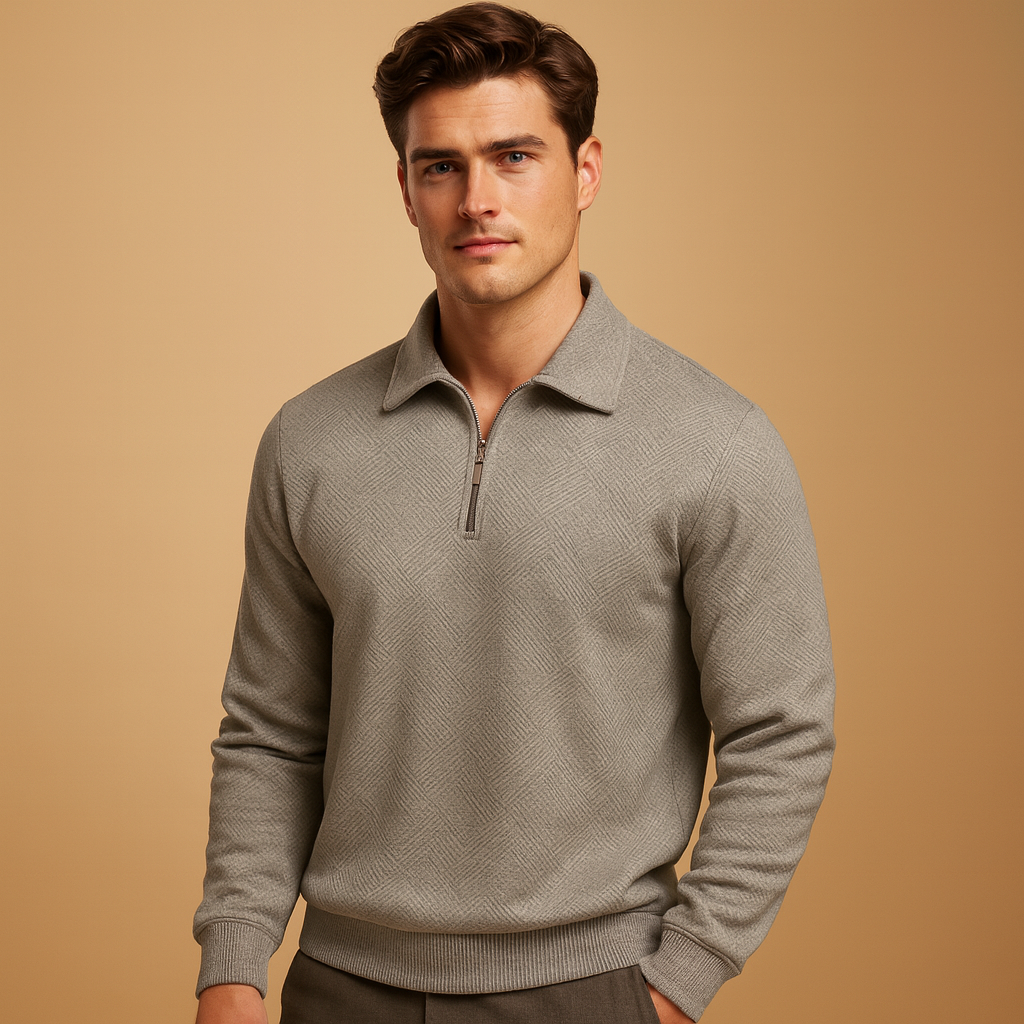 Quarter zip polo sweater for men with a geometric pattern and comfortable fit, ideal for casual and polished looks in autumn and winter.