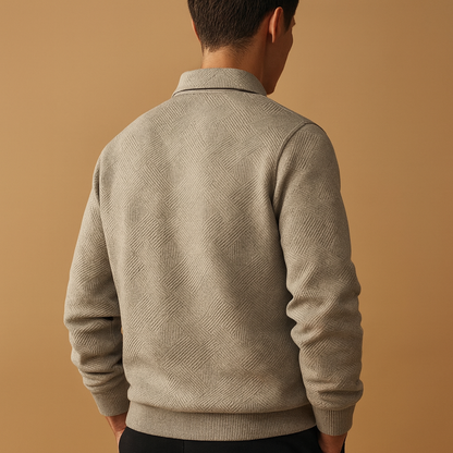 Quarter zip polo sweater for men with a geometric pattern and comfortable fit, ideal for casual and polished looks in autumn and winter.
