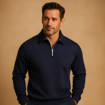 Quarter zip polo sweater for men with a geometric pattern and comfortable fit, ideal for casual and polished looks in autumn and winter.