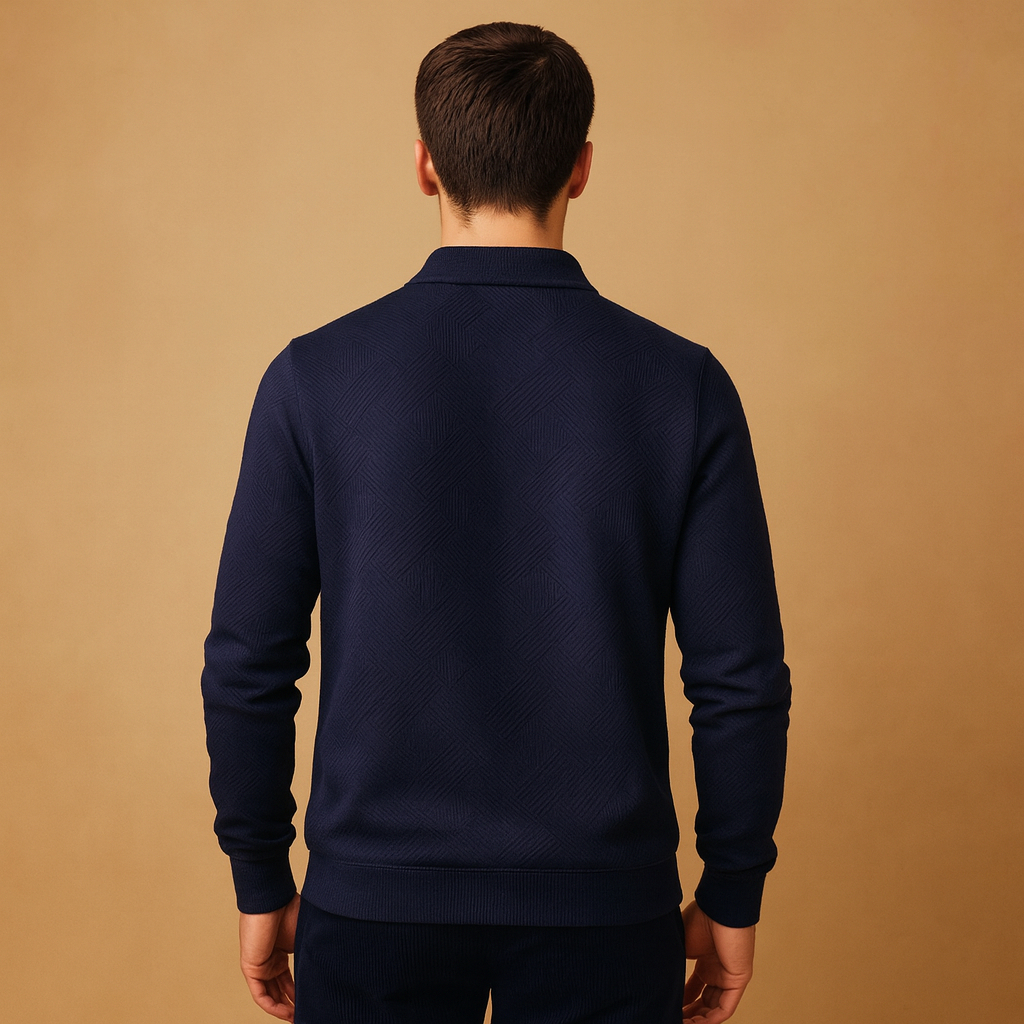 Quarter zip polo sweater for men with a geometric pattern and comfortable fit, ideal for casual and polished looks in autumn and winter.