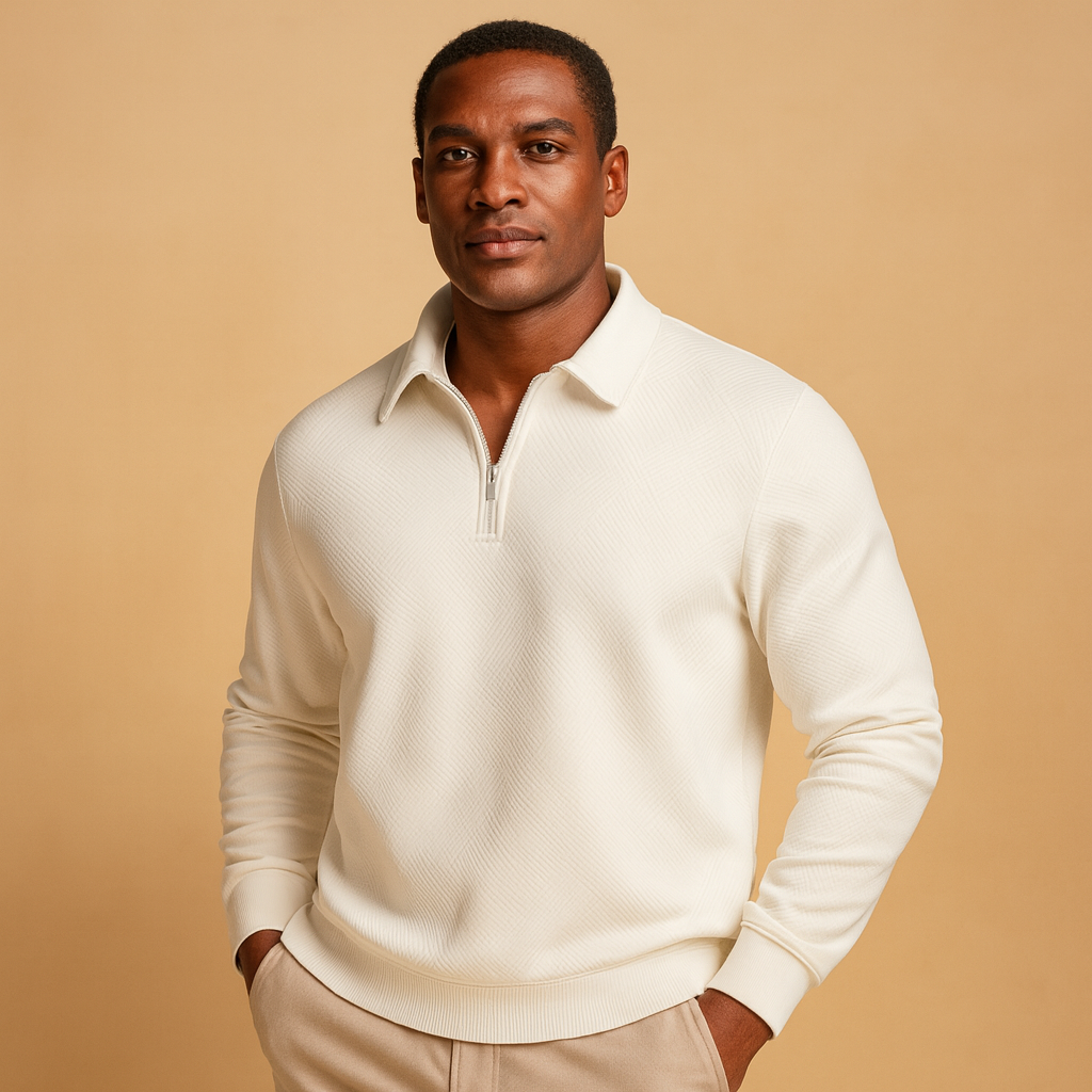 Quarter zip polo sweater for men with a geometric pattern and comfortable fit, ideal for casual and polished looks in autumn and winter.