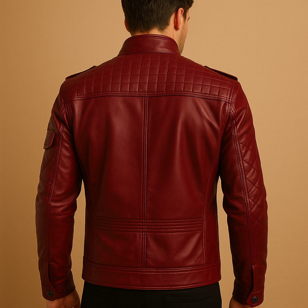 Men’s quilted jacket with a stand-up collar and zip pockets, suitable for casual outfits and formal occasions throughout the season.