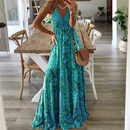 Women's Elegant V Neck Flowy Maxi Dress - VibreMode