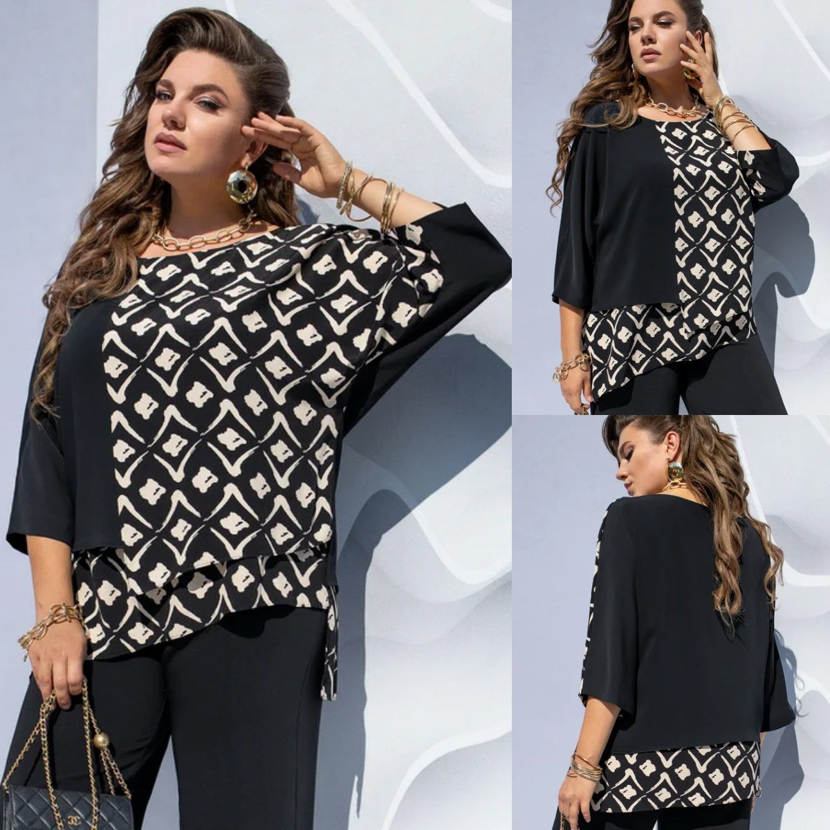 Image of Rachel | Women's Plus Size Abstract Print Colorblock Blouse