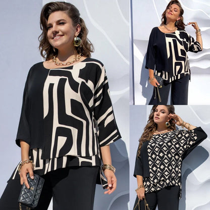 Image of Rachel | Women's Plus Size Abstract Print Colorblock Blouse