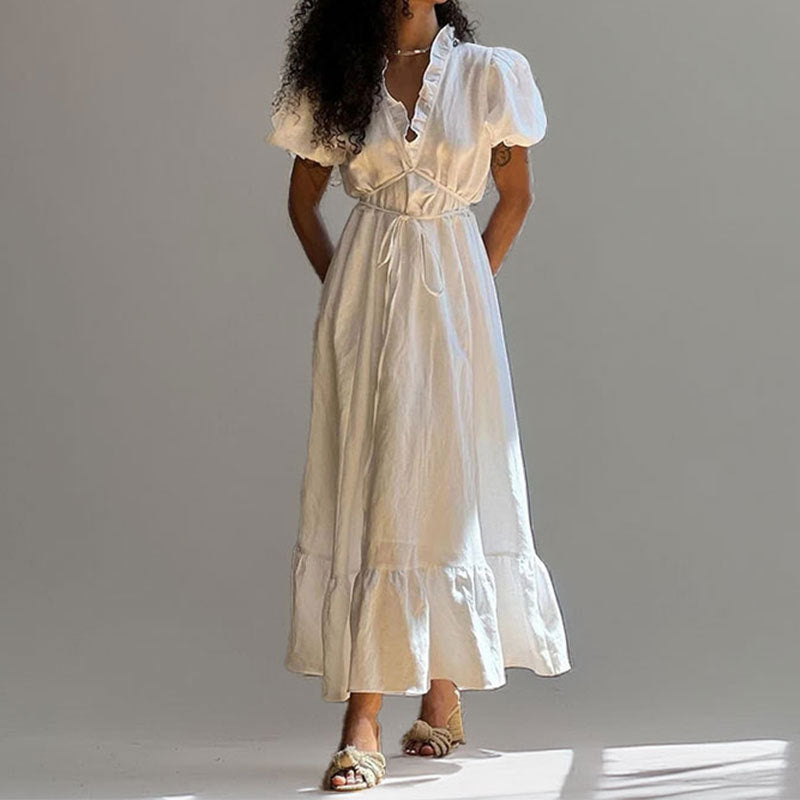 Women's A-Line Maxi Dress Puff Sleeves - VibreMode