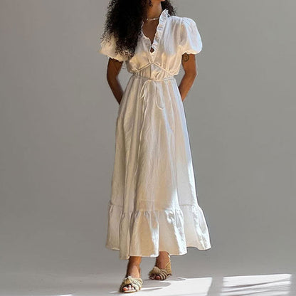 Women's A-Line Maxi Dress Puff Sleeves - VibreMode
