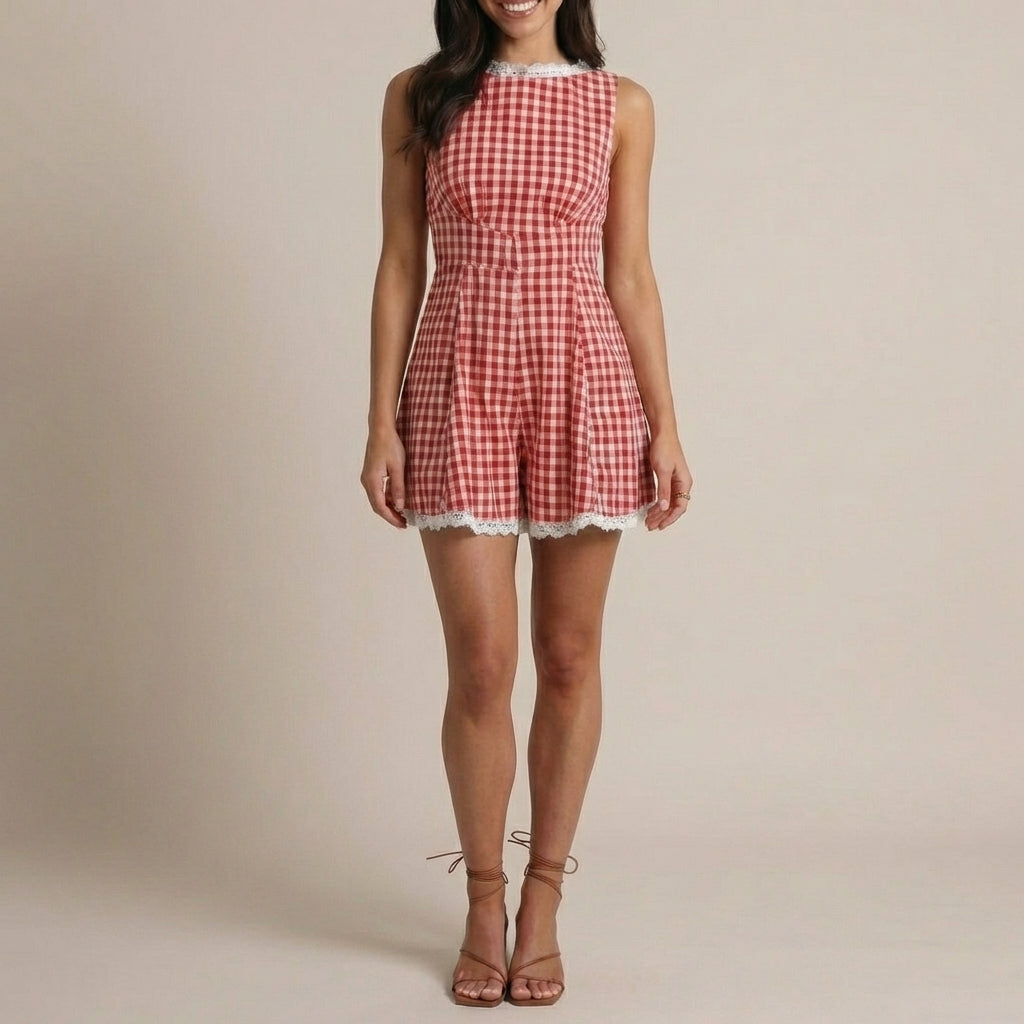 Women's Plaid Sleeveless Mini Jumpsuit