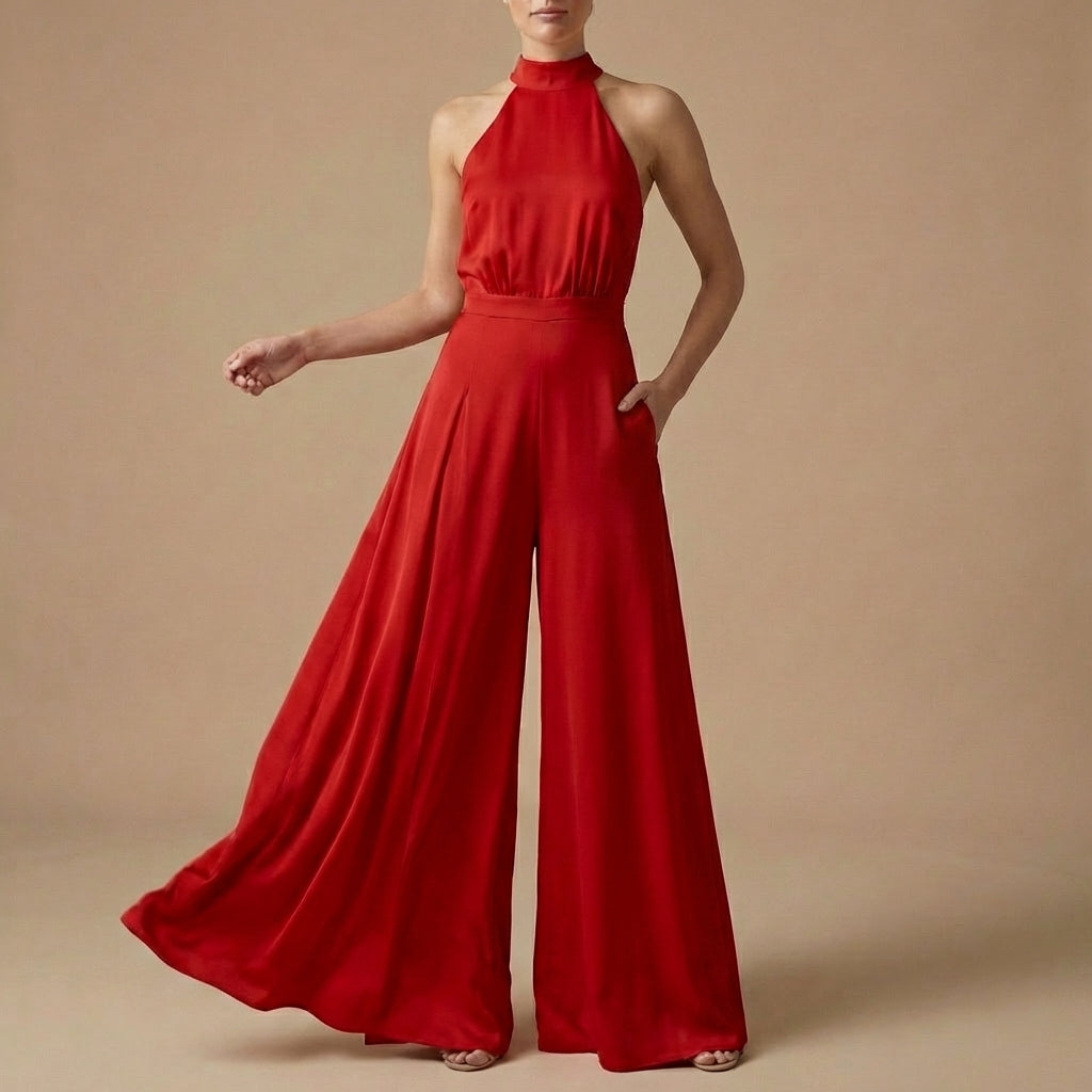Women's Halter Neck Jumpsuit Wide Leg Tie Back Detail