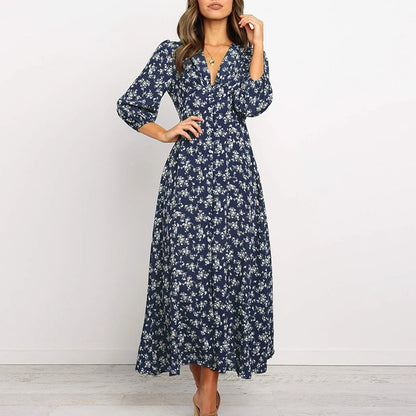 Women's Floral Maxi Dress Long Sleeve - VibreMode