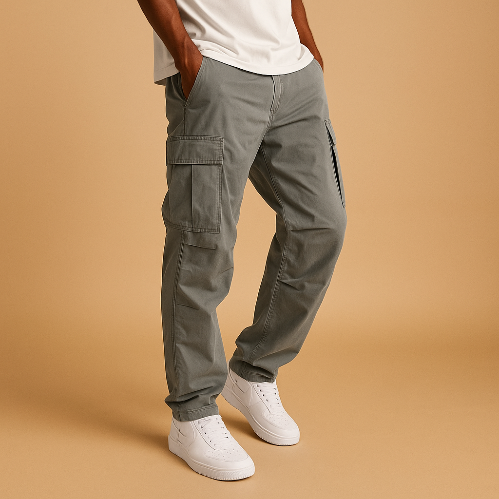 Men’s regular fit cargo pants with multiple pockets, ideal for work, casual outfits, and everyday use.