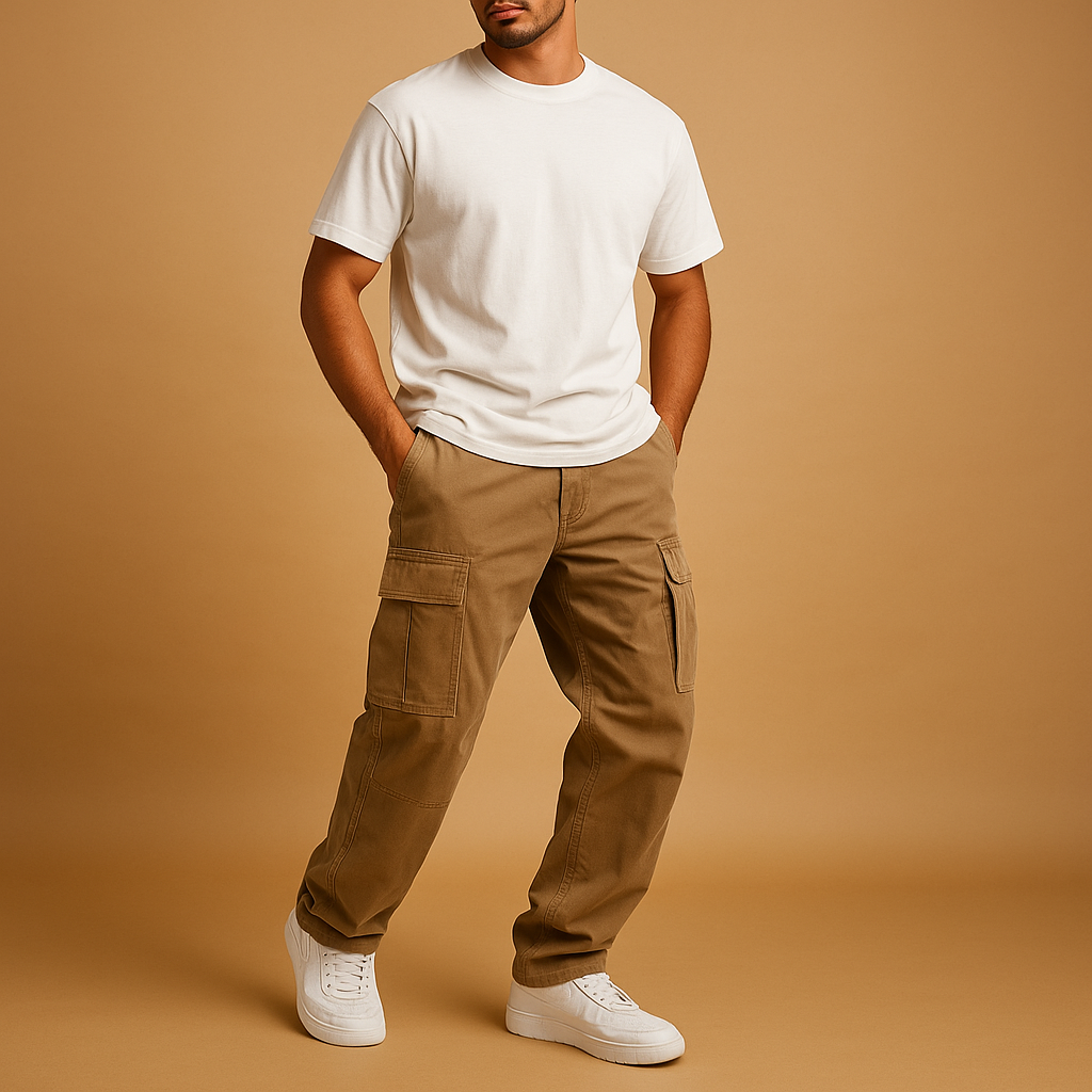 Men’s regular fit cargo pants with multiple pockets, ideal for work, casual outfits, and everyday use.