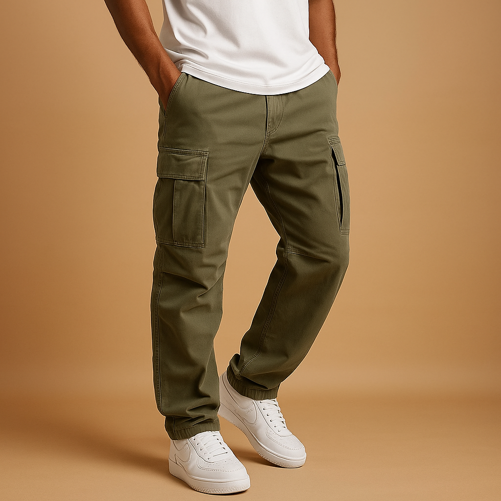 Men’s regular fit cargo pants with multiple pockets, ideal for work, casual outfits, and everyday use.