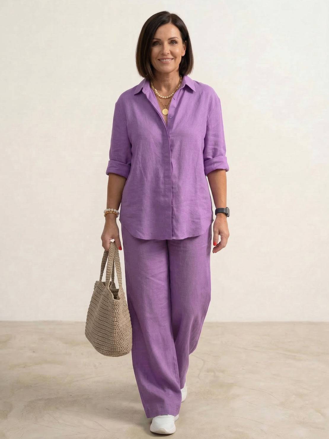 Relaxed Fit Women's Button-Down Shirt Pants Set
