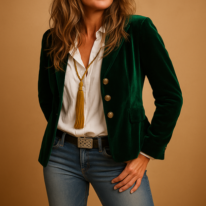 Women’s retro slim-fit blazer with a tailored silhouette, classic lapel collar, and practical pockets, ideal for office wear or casual outfits.