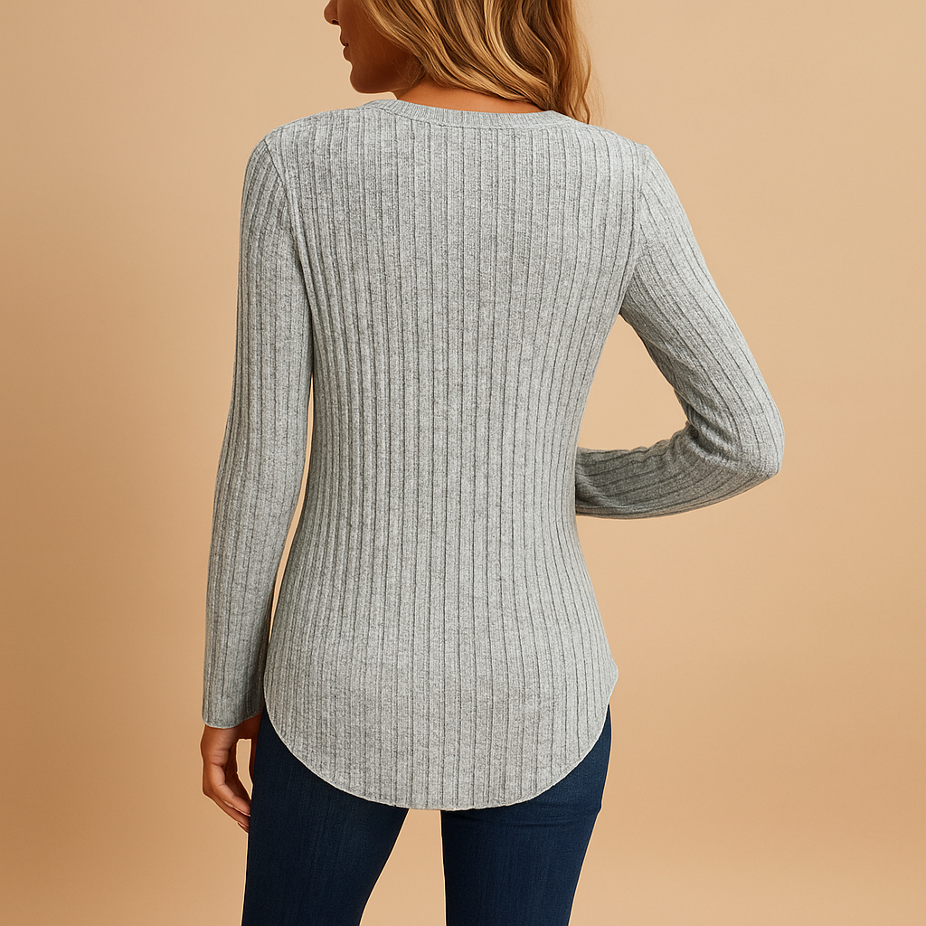 Women’s ribbed v-neck top in gray with button details, lightweight and breathable fit, ideal for casual wear, layering, and everyday outfits.