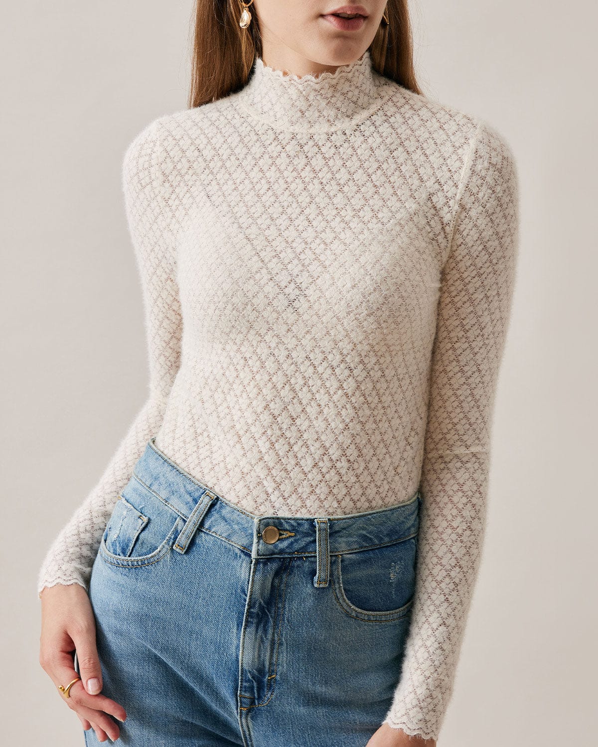 Women's Cashmere Turtleneck Sweater Lace Detail - VibreMode
