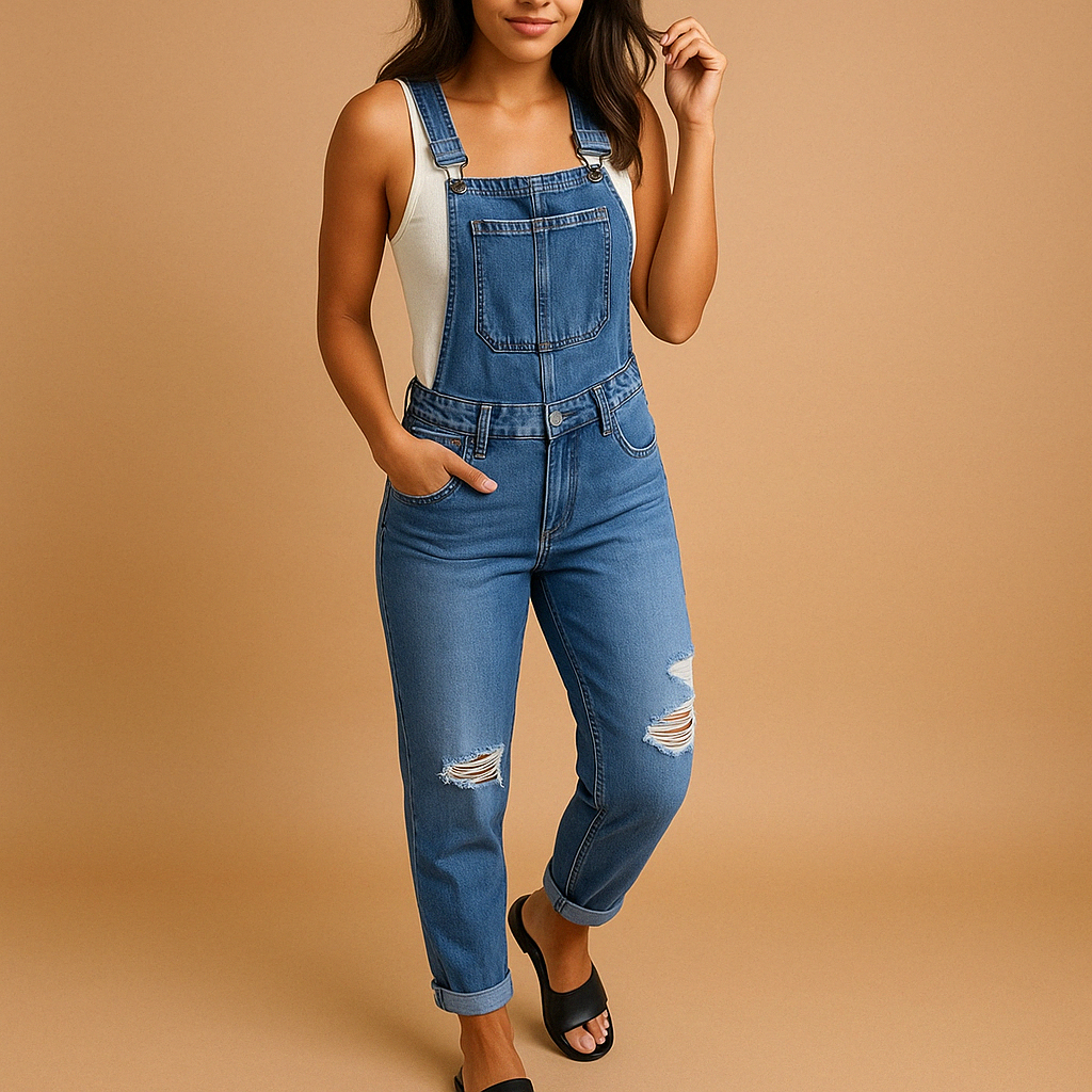 Woman wearing a ripped denim overall with adjustable straps and a relaxed fit, styled for streetwear and casual urban outfits.